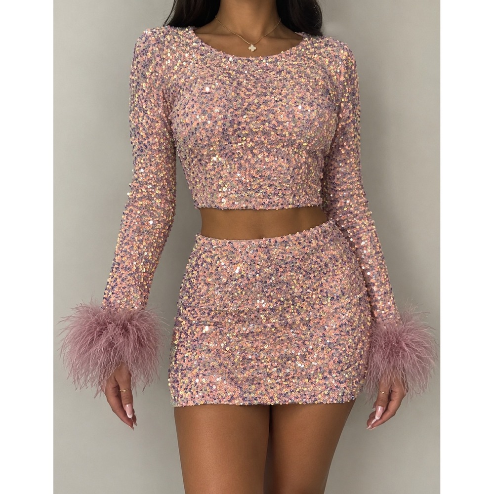 Blanc Clothing Pink Sequin 2 Piece Set Feather Trim Crop Top Mini Skirt Medium